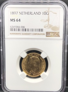 1897年　オランダ　ウイルヘルミナ女王　幼年像　Girl Head 10グルデン　１０G金貨　NGC 鑑定　MS64　アンティークコイン　送料無料