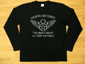 8th AIR FORCE 黒 5.6oz 長袖Tシャツ グレー 3XL 大きいサイズ ミリタリー U.S. ARMY AIR FORCE the mighty eighth