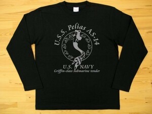 U.S.S. Pelias AS-14 黒 5.6oz 長袖Tシャツ グレー 2XL 大きいサイズ ミリタリー 米海軍艦艇 グリフィン級潜水母艦 ペリアス U.S. NAVY人魚