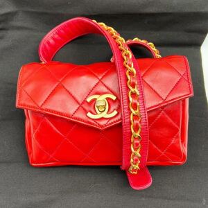 【★1円スタート★可愛い CHANEL シャネル マトラッセ ラムスキン ウエストポーチ ウエストバッグ ターンロック 赤 ゴールド チェーン】