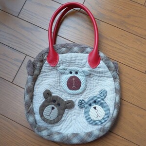 【ハンドメイド】くまさんキルトまん丸ファスナートートバッグ