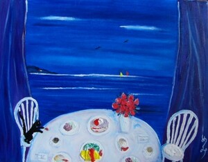 ≪国美協≫、佐藤めみ、『海辺のテラスで朝食を』、油彩画、F6号：40,9×31,8cm、油絵一点物、新品高級油彩額付、直筆サイン・真作保証付