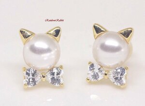 18K RGP ゴールド ダイヤ CZ キュート 猫 パール ピアス gp5386