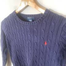 ■KIDS 90s 90年代 ビンテージ Polo by Ralph Lauren ラルフローレン ワンポイント刺繍ロゴ ケーブル コットンセーター 古着 ネイビー 6■_画像2