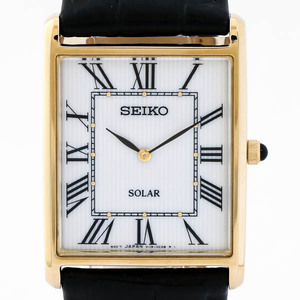 SEIKO セイコー V115-0BC0 SOLAR ソーラー メンズ腕時計 スクエア ホワイト文字盤 ローマン ゴールドカラー 純正ベルト 稼働品 #15965