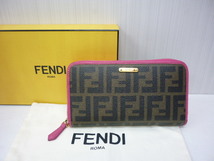 FENDI フェンディ ズッカ柄 ラウンドジップ 長財布 8M0299 GRP-159 ファスナー ブラウン ピンク　a_画像1