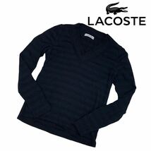 a206 人気 ♪ LACOSTE ラコステ Vネック ニット トップス プルオーバー 毛 100% 黒ワニ ネイビー × ブラック ボーダー レディース 36_画像1