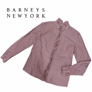 a318 日本製 ♪ BARNEYS NEW YORK バーニーズ ニューヨーク 長袖 シャツ トップス 綿100% レッド系 ストライプ柄 レディース 実寸参考