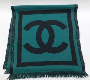 1円~ 豪華 CHANEL シャネル デカココマーク CCロゴ ロングストール 羽織 カシミア カシミヤ マフラー グリーン ブラック バイカラー◆