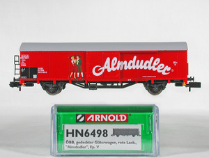 ARNOLD #HN6498 ＯｅＢＢ(オーストリア国鉄）Ｇｂｓ型有蓋貨車 ALMDUDLER／清涼飲料 （レッド）