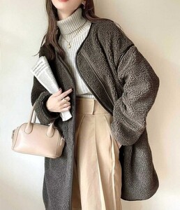 ジャケット ノーカラージャケット レザー調 無地ジップアップノーカラーパイピングミドルコート