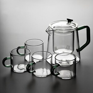 即決!新品#ティーポット カップ 5点セット おしゃれ グリーン ガラス 耐熱 ティータイム 紅茶 コーヒー 優雅 プレゼント AT10998