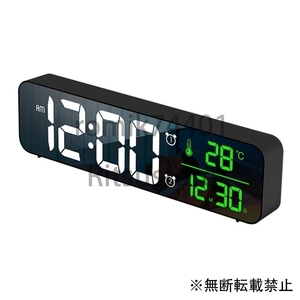 デジタル 時計 LED 目覚まし ミラー 多機能 温度 カレンダー 壁掛け 卓上 アラーム スヌーズ USB ブラック 1