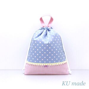 ブルードット×ストライプ☆巾着袋 体操服袋 シューズケース ハンドメイド 体操着入れ 女の子