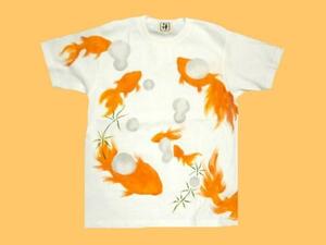 Art hand Auction 禅宗【ZEN】京电手绘日式图案金鱼缸短袖T恤白色L新款, L号, 圆领, 一个例子, 特点