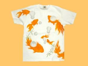 禅【ZEN】京伝 手描き・和柄『金魚鉢』半袖Tシャツ 白L新品