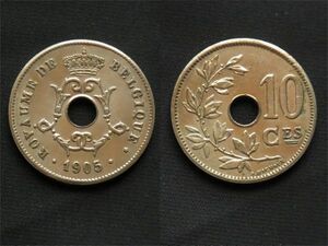 【ベルギー】 10サンチーム 1905年 白銅貨 Belgique 穴あき