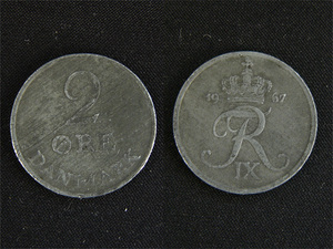 【デンマーク】 2オーレ 1967 ORE フレゼリク9世 亜鉛貨