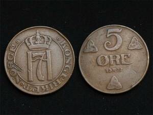 【ノルウェー】 5オーレ 1922年　ホーコン７世　銅貨