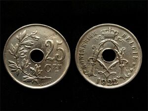 【ベルギー】 25サンチーム 1922年 白銅貨 Belgie 穴あき　アルベール1世のモノグラム