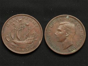 【イギリス】 1943年 ハーフペニー 1/2 Penny ジョージ6世 帆船 銅貨 第二次世界大戦戦時下