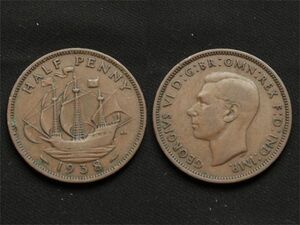 【イギリス】 1938年 ハーフペニー 1/2 Penny ジョージ6世 帆船 銅貨