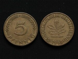 【ドイツ】 5ペニッヒ 1969年 F 5pf オークの葉 麦 スチール貨 西ドイツ時代