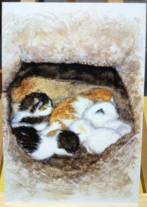 オリジナル 手描き イラスト ポストカード ねこのこども2④ 猫 子猫 赤ちゃん猫 きょうだい猫 水彩画 複製【あおきしずか】, コミック、アニメグッズ, 手描きイラスト