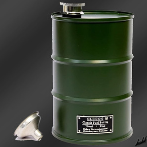 【クラシックなドラム型】 ポータブル液体容器 750ml ステンレス製 食用油 アルコール 燃料 キャンプ アウトドア インテリア グリーン