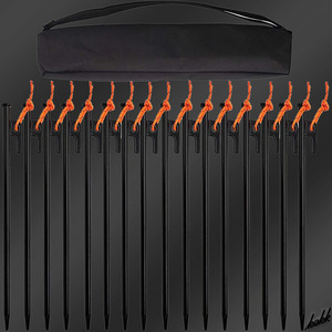 【頑丈な収納袋付き】 ペグ 16本セット 30cm スチール 黒電着塗装処理 防水 防カビ 反射ロープ 簡単回収 大ヘッドデザイン キャンプ