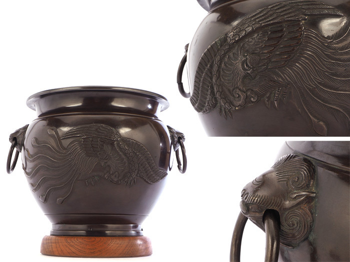 日本の公式オンライン 蔵出し品　銅製瓶掛　宣徳火鉢　鳳凰馬紋様 工芸品