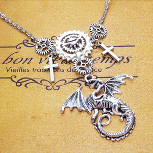  antique silver Dragon . tooth car real steam punk necklace Rosario adjuster length adjustment possible 
