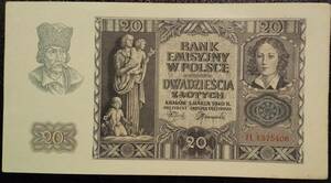(B-825)　ポーランド　20ズロチ紙幣　1940年