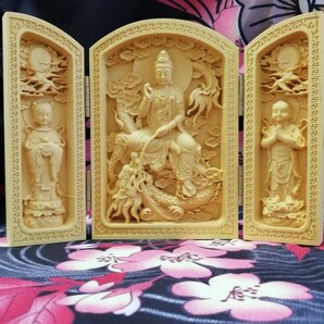 騎龍観音　木彫り　置物　三開　仏像　仏教美術
