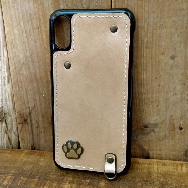 Funda rígida de piel para iPhone X XS, diseño de huellas, patas, perro, gato, piel de vacuno, hecha a mano, color beige natural, accesorios, Fundas iPhone, Para iPhone XS