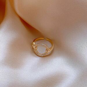  Circle ring ring Gold × zirconia lady's simple open free size gold accessory new goods 