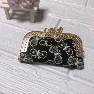 ☆*:.。.ハンドメイド☆*:.。がま口小物入れ 印鑑ケース 蝶々柄 ブラック 小