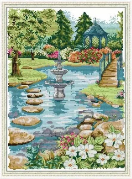噴水のある庭園 クロスステッチキット 図案印刷