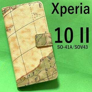 Xperia 10 II SO-41A/SOV43 地図デザイン 手帳型ケース / レトロな世界地図デザインがオシャレ