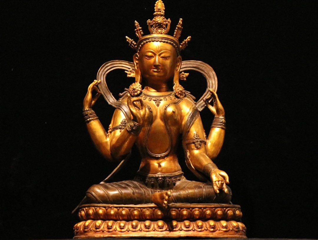 BS303☆極上品収蔵☆15-16世紀仏教美術チベット密教象嵌宝石彩絵描金 