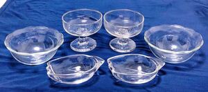ガラス製　デザ－トカップ＆三つ足花形小鉢＆豆小皿　クリアガラス食器計6点