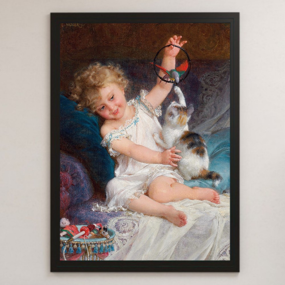Emile Meuniere 游戏时间绘画艺术光面海报 A3 酒吧咖啡馆经典室内动物女孩小猫可爱时尚, 住宅, 内部的, 其他的