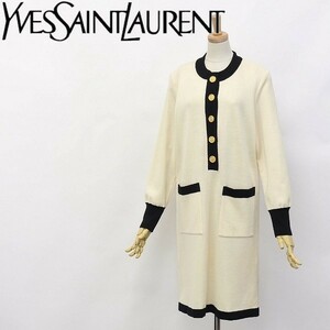 ◆Yves Saint Laurent/イヴサンローラン 金釦 ウール ニット 長袖 ワンピース アイボリー M