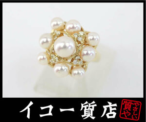 イコー質店　K18　★豪華　高品質パール9珠　ダイヤ0.25ct　ファッションリング　12号　新品仕上げ済み　美品　RY6130