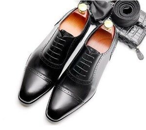 【24.5cm】141-1009Bメンズ 本革新品 ビジネスシューズ 内羽根 キャップトゥ パーフォレーション シック 高級紳士靴