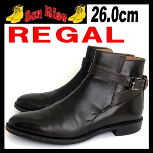 即決 REGAL リーガル メンズ 26cm 本革 レザー ブーツ プレーントゥ ベルト 茶色 ブラウン カジュアル ドレス ビジネス シューズ 革靴 中古