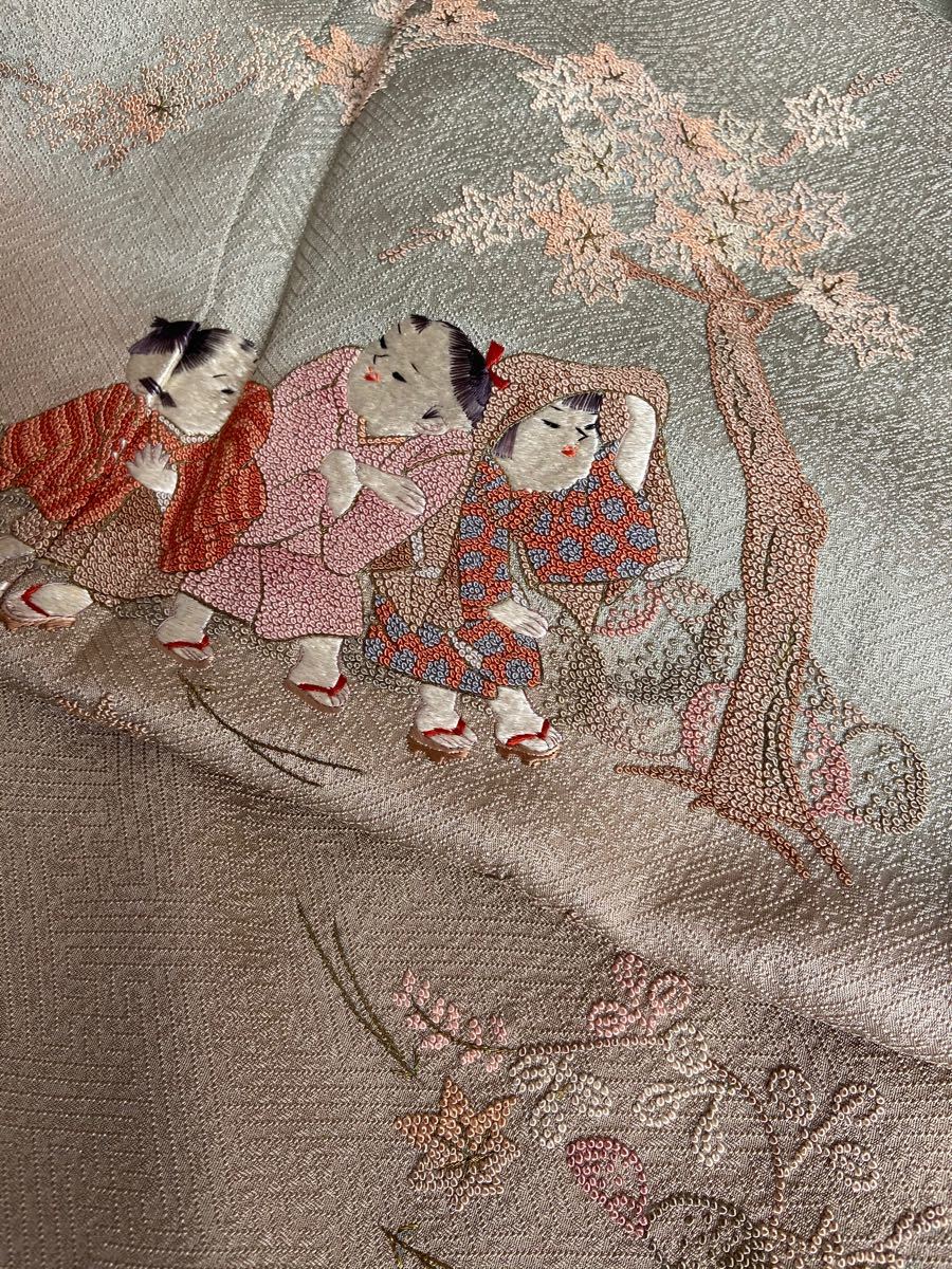 訪問着 総刺繍 相良刺繍 利休茶色 紗綾型地紋 未仕立て 長期在庫保管品