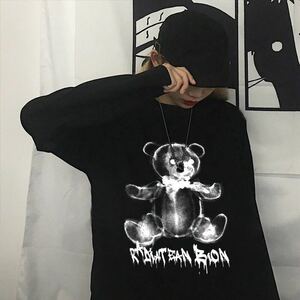 Tシャツ ビッグシルエット 長袖 トップス くま プリント ロングスリーブ シャツ カットソー 原宿系 韓国系 オルチャン 黒 ブラック XL XXL