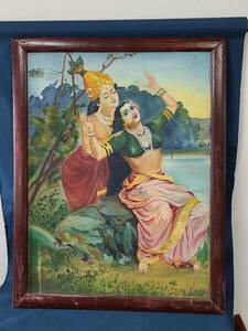インド 民族 絵画 人物画 額 枠 アンティーク 美術品, 絵画, 油彩, 自然、風景画