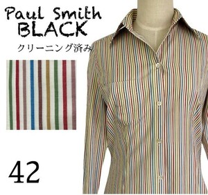 【中古】ポールスミス ブラック Paul Smith BLACK シャツ ブラウス 長袖 ストライプ マルチカラー 鳥 レディス 大きいサイズ 42